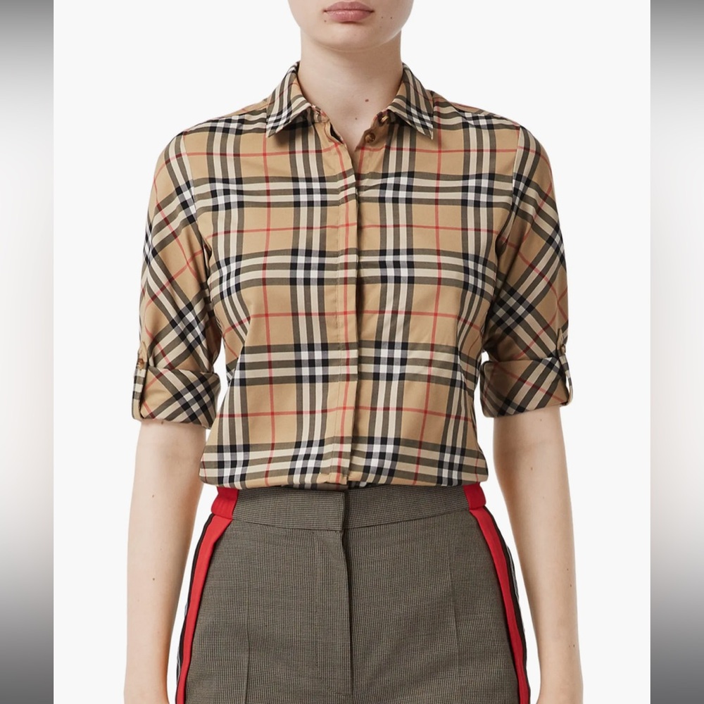 NWT Burberry Luka Vintage Check Stretch Cotton Twill Shirt Size 0 $490